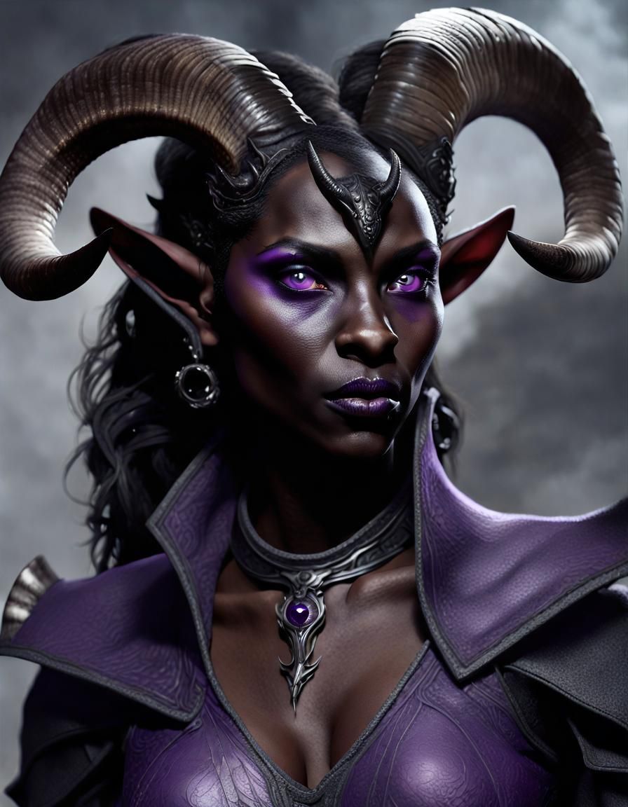 Detailed Tiefling Portrait with Asymmetrical Horns