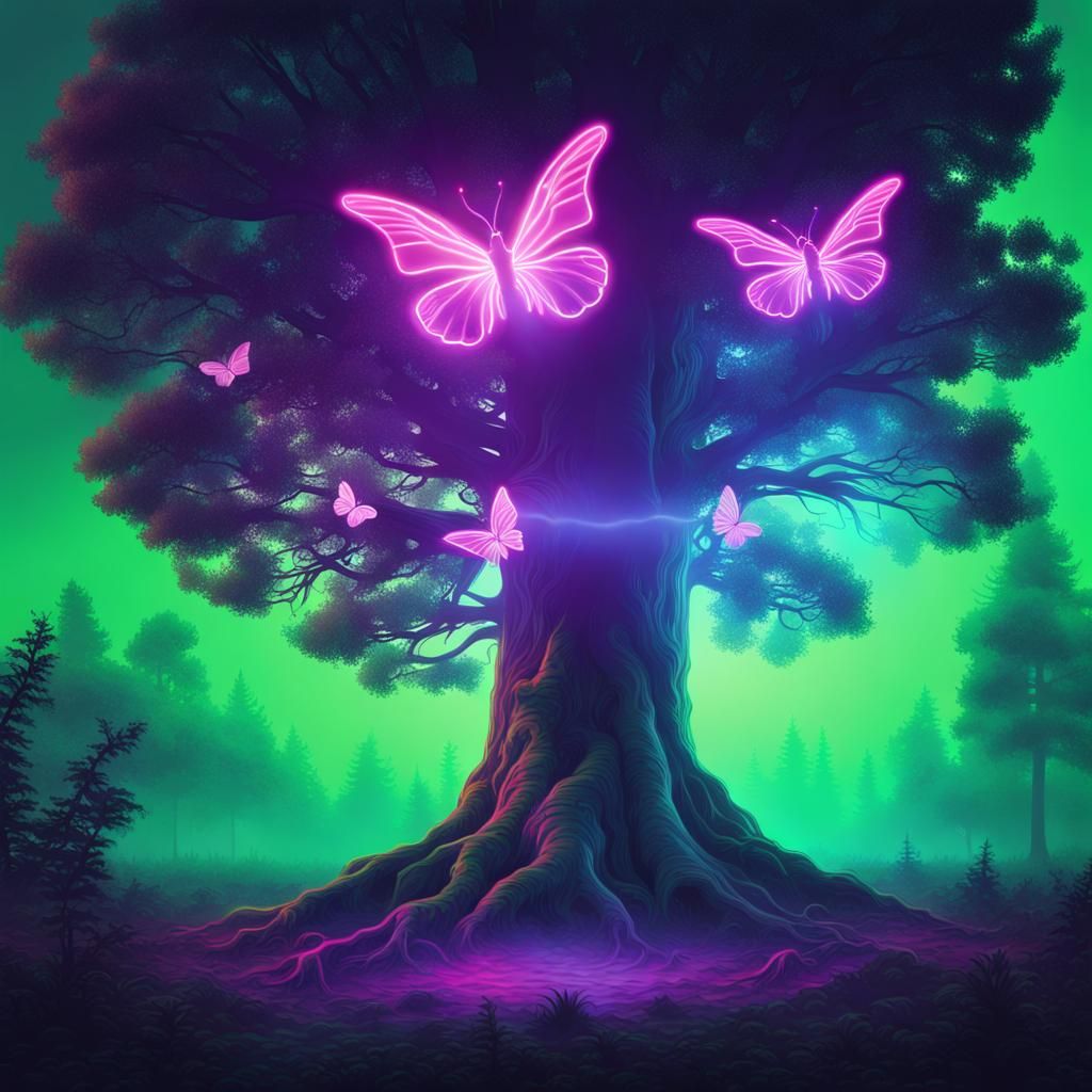 Synthwave Butterflies Glow Around Ancient Forest Tree