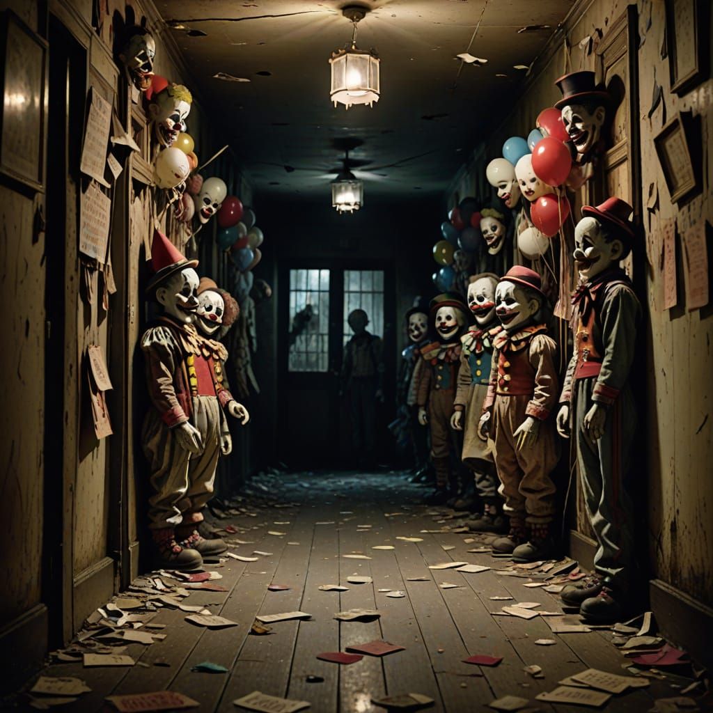 Eerie Carnival Hallway With Cracked Dolls and Clowns