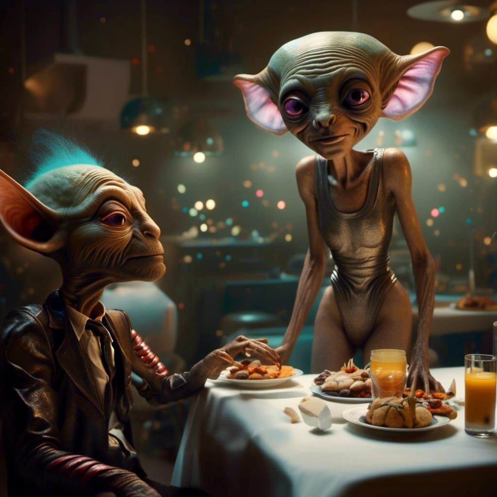 Smiling Aliens Party in Futuristic House