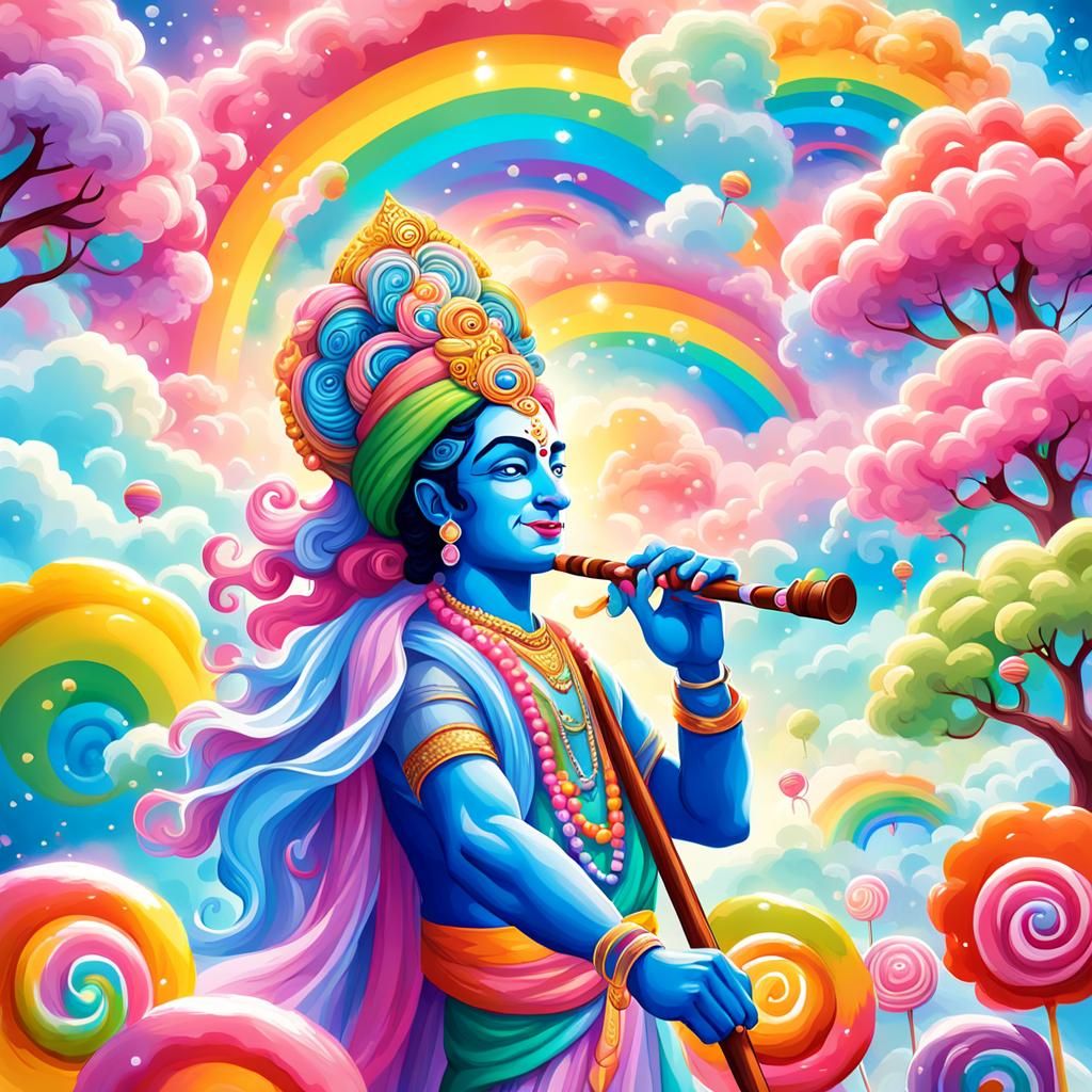 Krishna's Joyful Dance in Whimsical Candyland Art