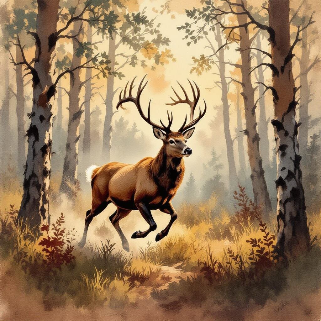 Majestic Stag Running Through Woods in Gouache Style