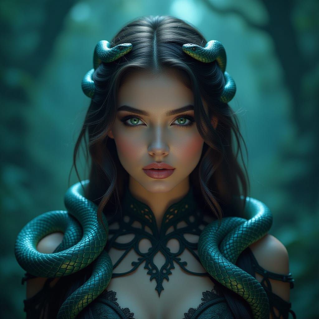 Woman With Snake Body In Mystical Forest