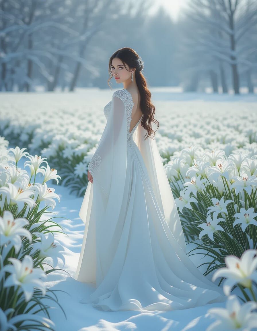 Woman in White Silk Among Snow Lilies