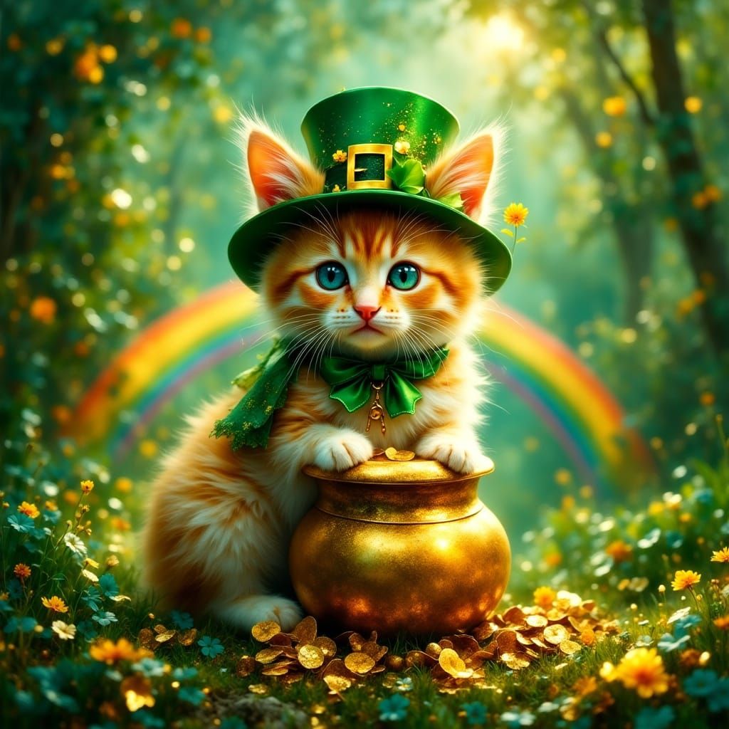St Patrick's Day Kitten in Vibrant Emerald Landscape
