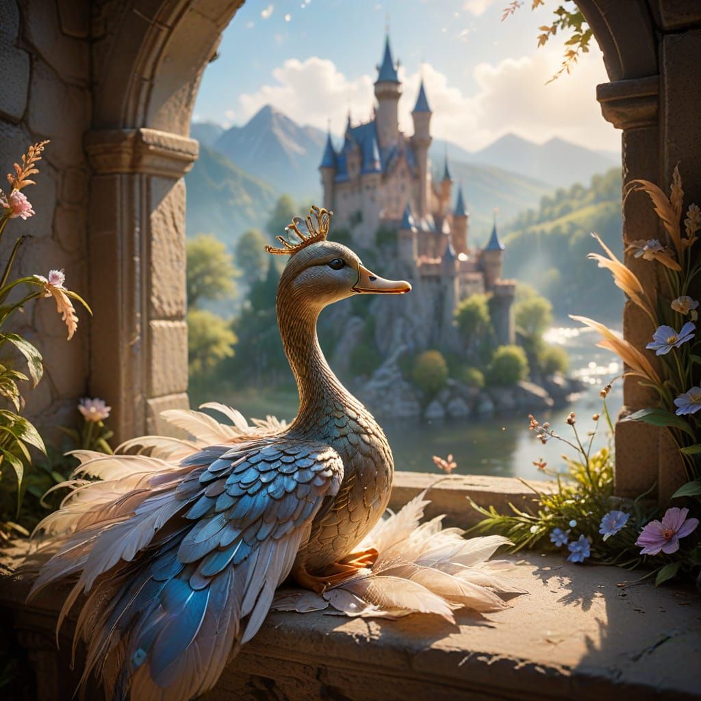 Whimsical Duck Queen in Majestic Castle Window