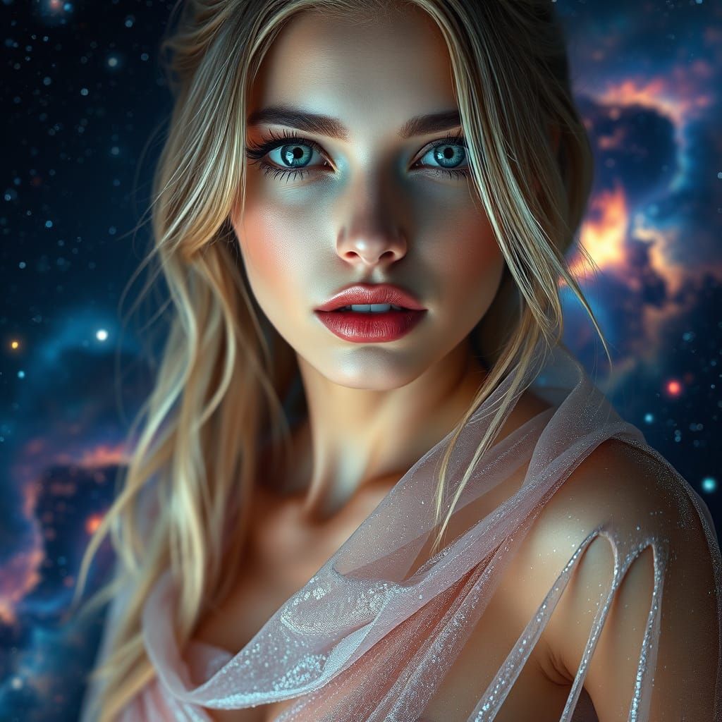 Hypnotic Woman's Cosmic Stare in Vibrant Psychedelic Style