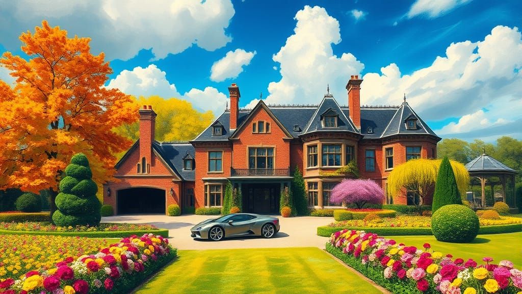 Grand Chateau with Supercar and Vibrant Garden