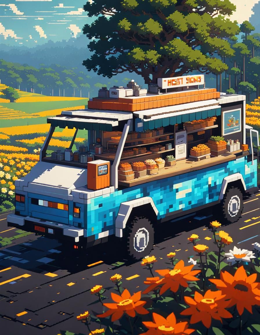 Futuristic Pixel Art Food Truck in Sunny Meadow