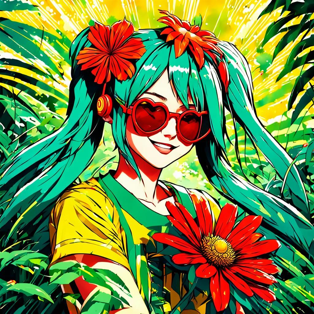 "hatsune Miku camiseta brasileña amarilla y verde, gafas de ...