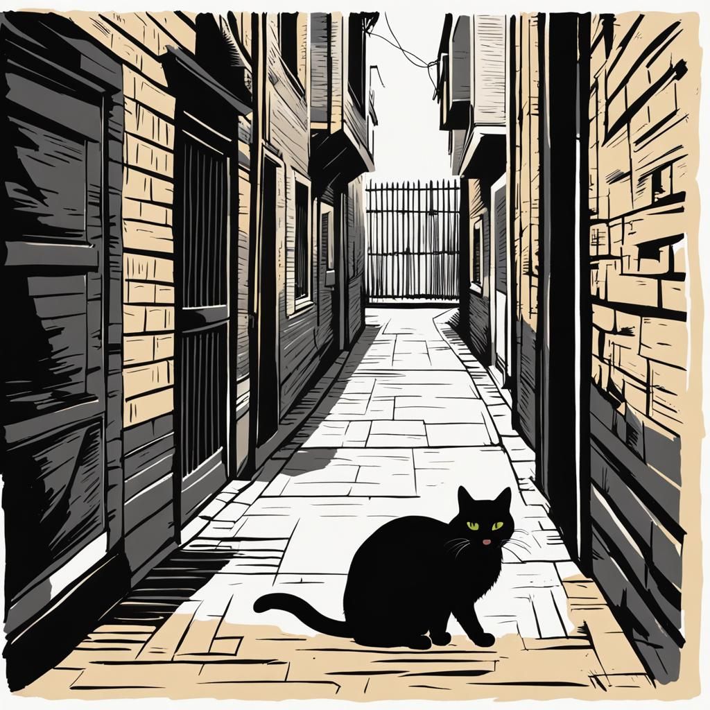 Black Cat in Alleyway Shadows Ready to Pounce