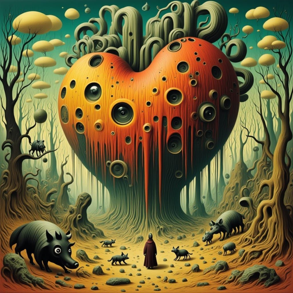 Abandoned Loveheart Factory in Wasteland, Surreal Oil Painti...