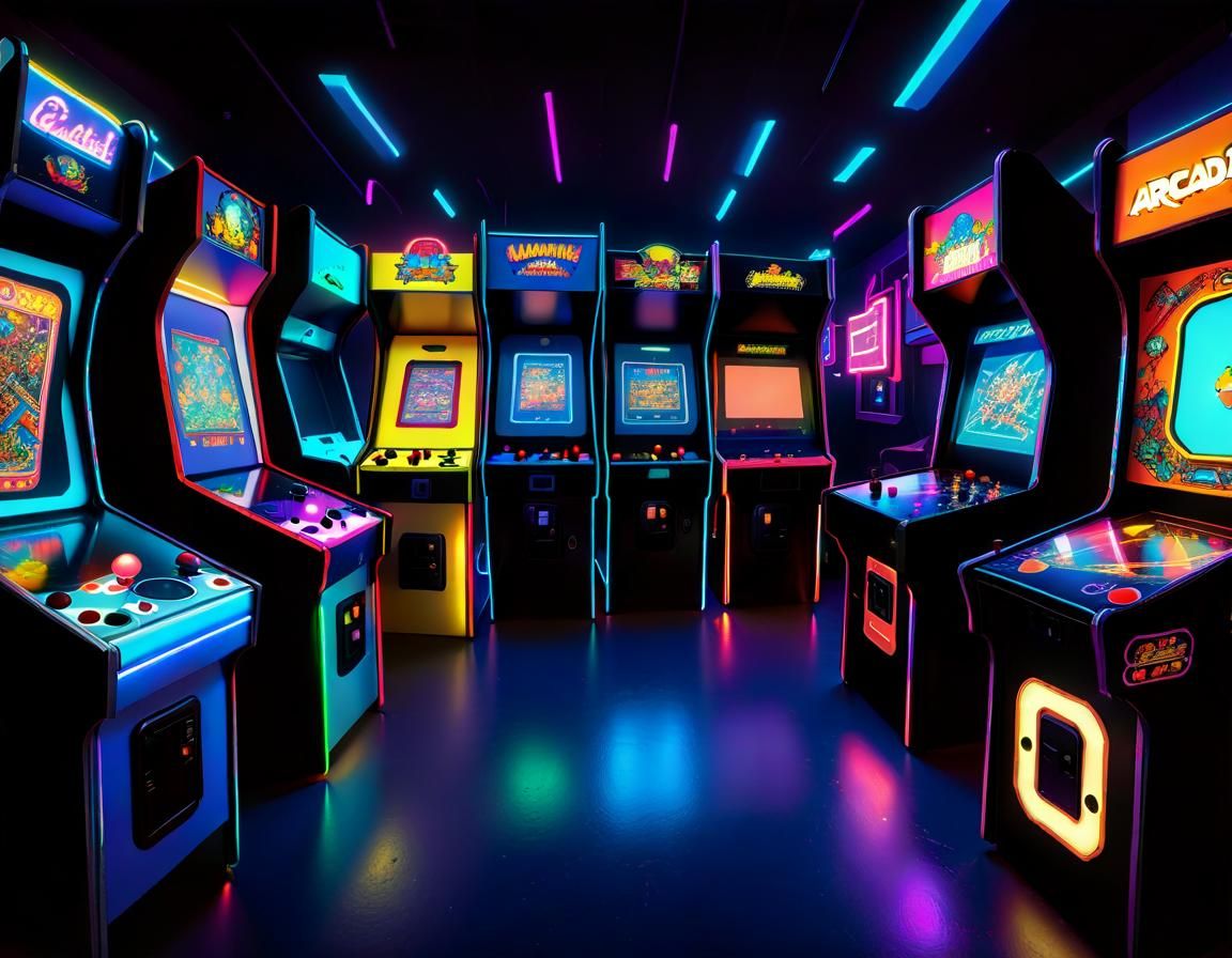 Vibrant 80s Arcade Room with Neon Lights