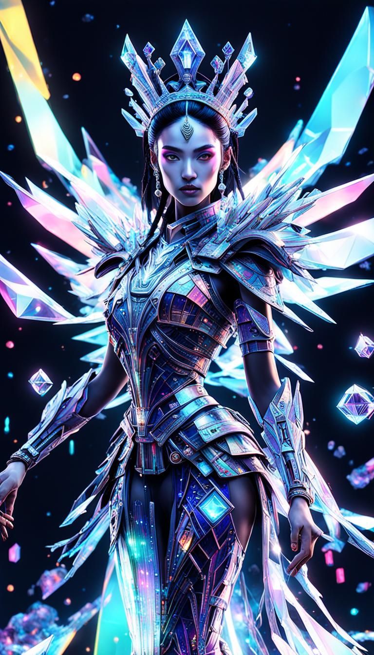 Luminescent Neon Crystal Warrior Princess: Holographic Art