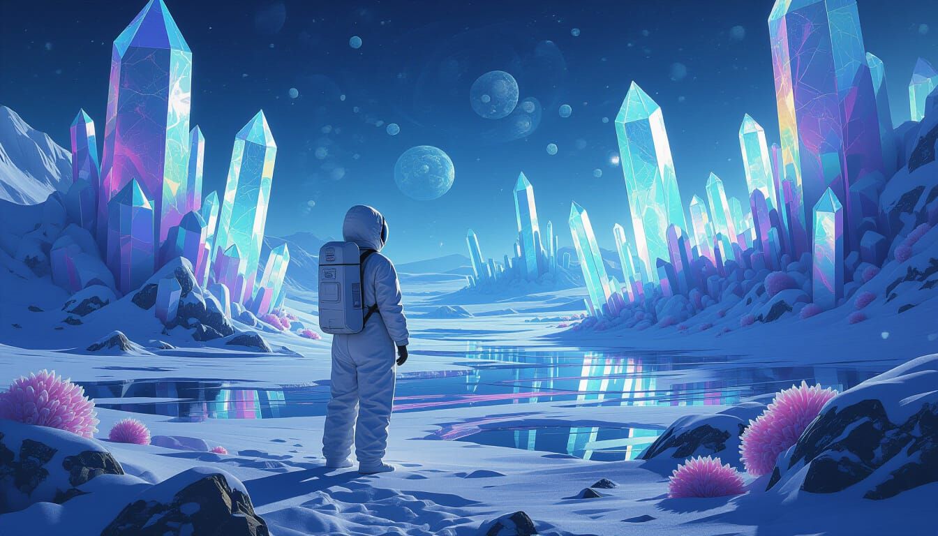 Woman Among Iridescent Fungus in Antarctica