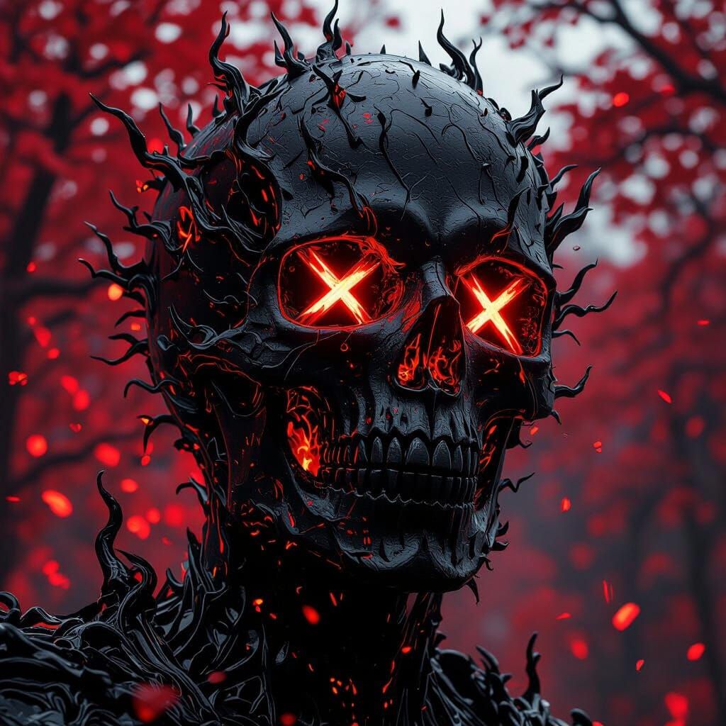 Dark Skull with Fiery Red Eyes in a Gloomy Forest