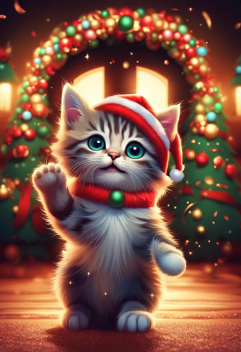 Cute Kitten Waving in Playful Vector Style