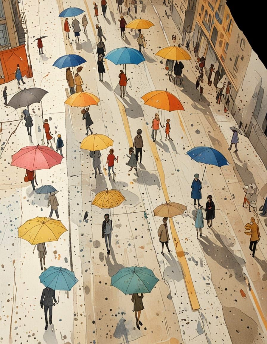 Colorful Abstract Collage of City Crowd with Umbrellas