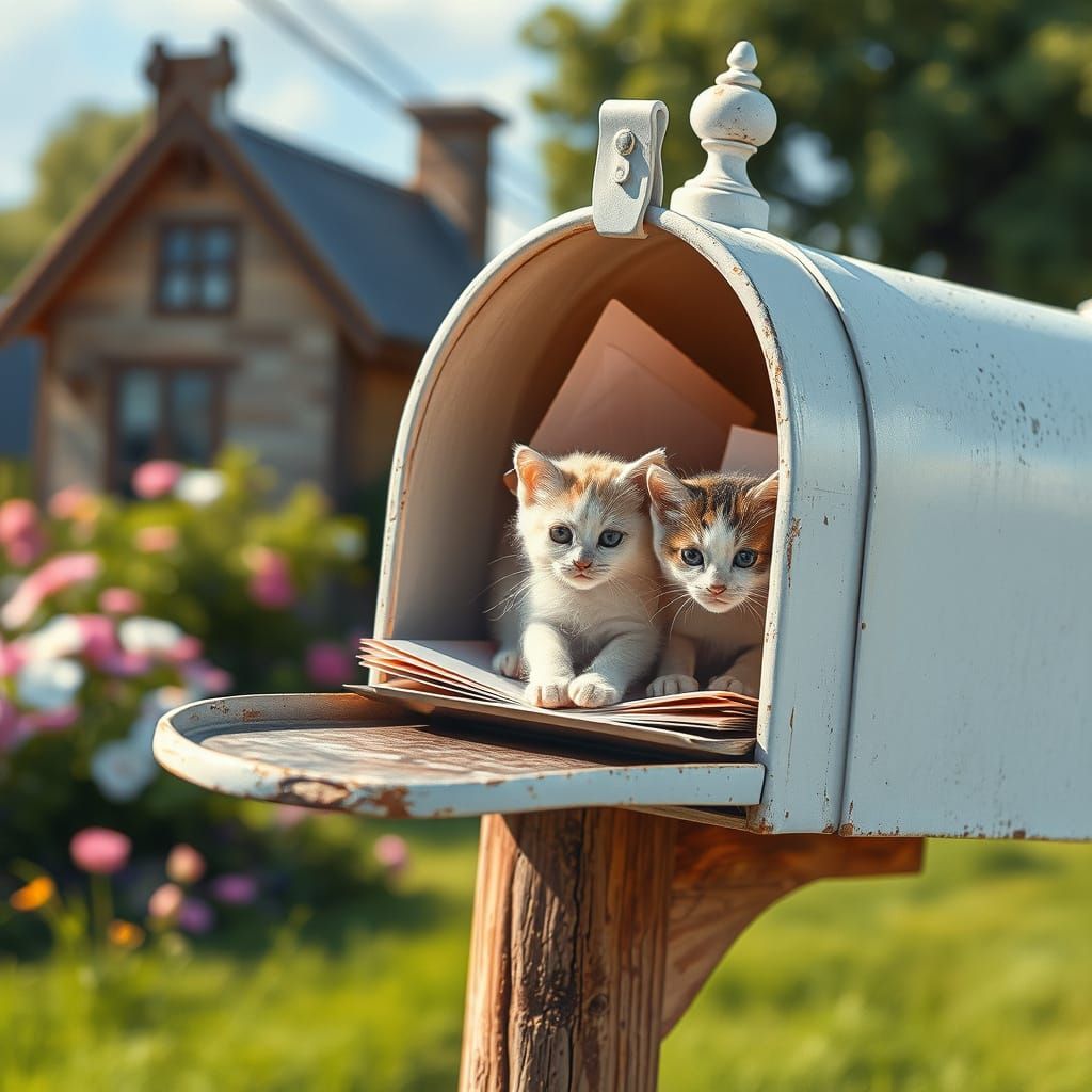 Whimsical Countryside Mailbox Scene with Adorable Kittens