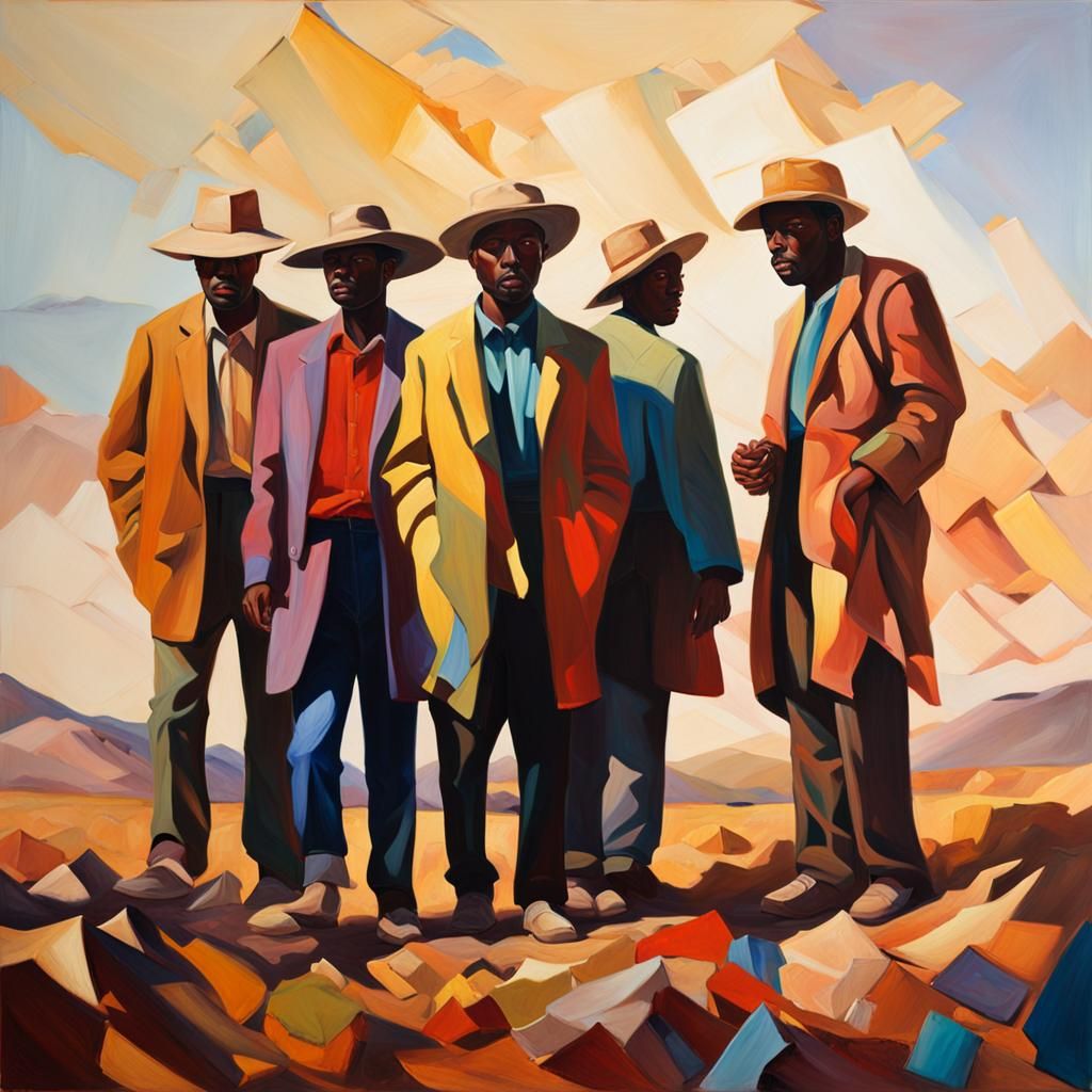 Vibrant Oil Painting of People in Arid Landscape