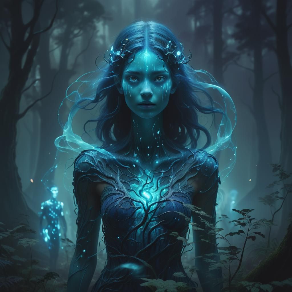 Bioluminescent Humans in Dreamlike Forest
