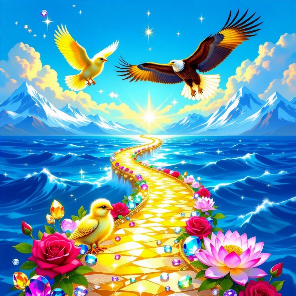 Radiant Golden Path Over Indigo Ocean with Soaring Eagles