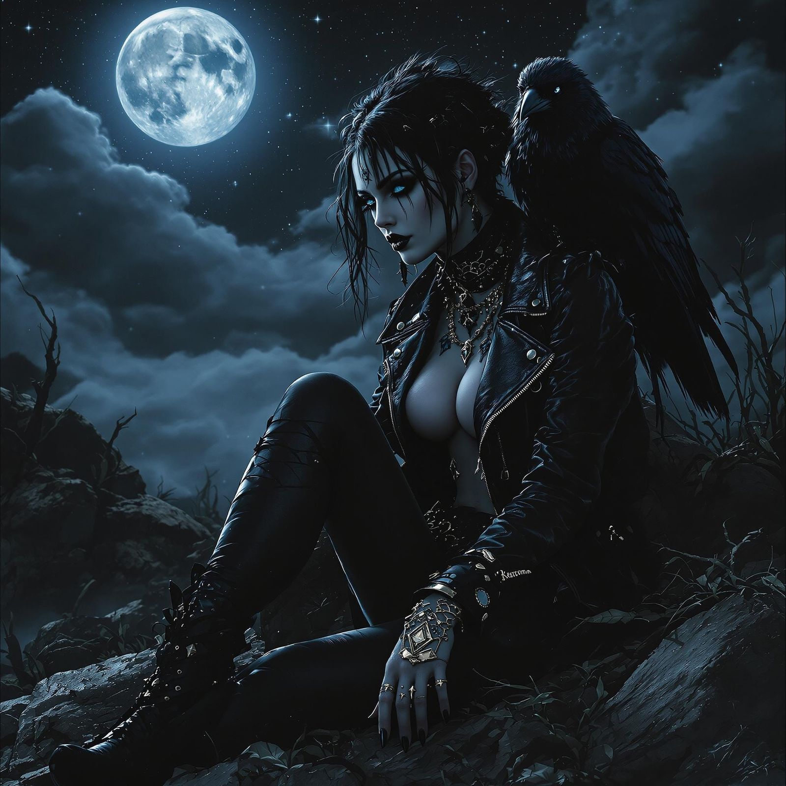 Photorealistic, gothic punk woman, tattoos covering arms and legs, black leather jacket , black choker, piercings, dark ...