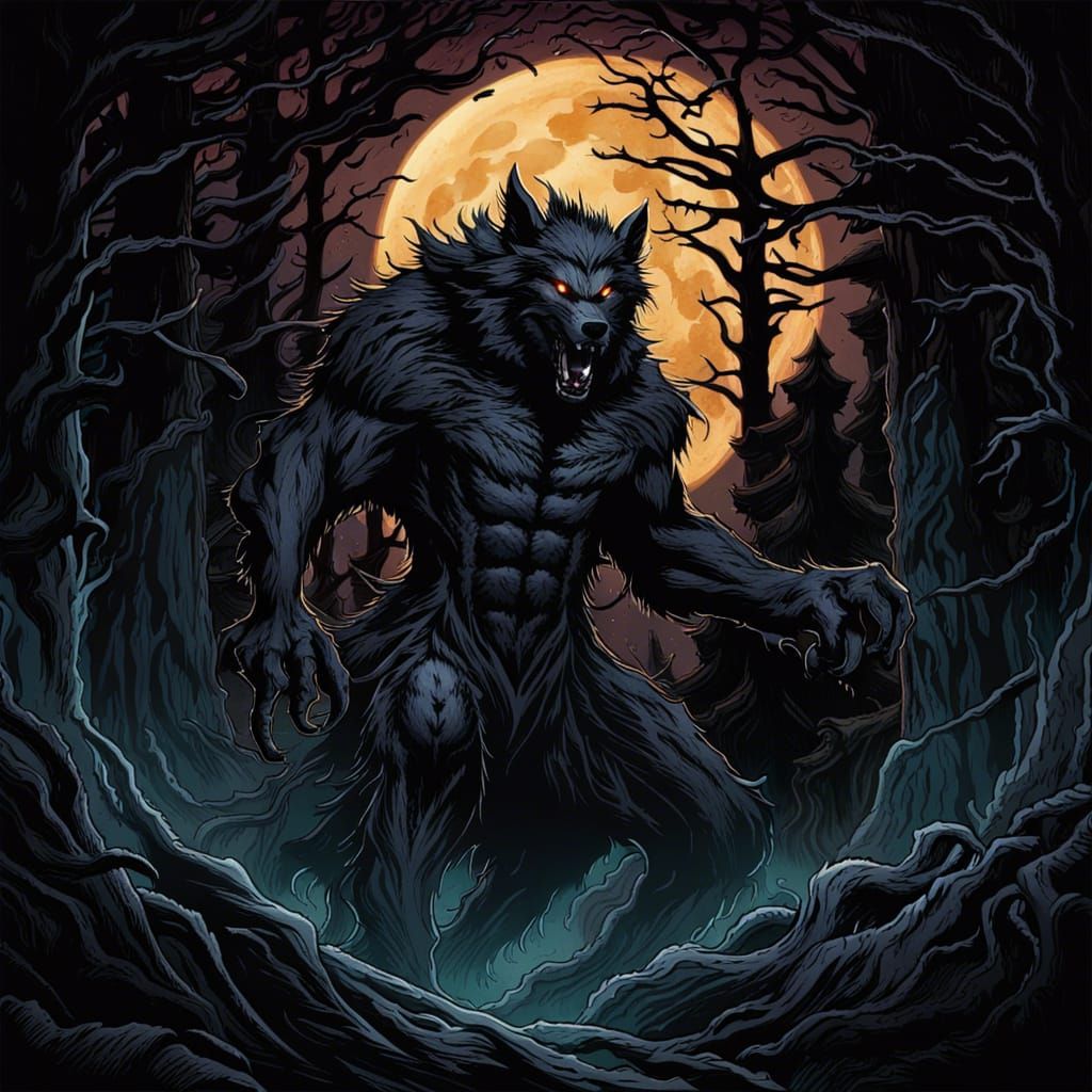 High Gothic Black Flame Werewolf in Dark Forest