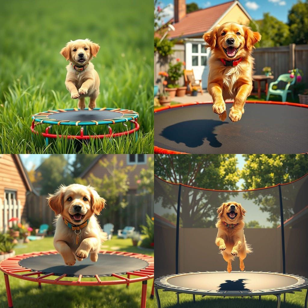 Golden Retriever Leaps Joyfully on a Trampoline