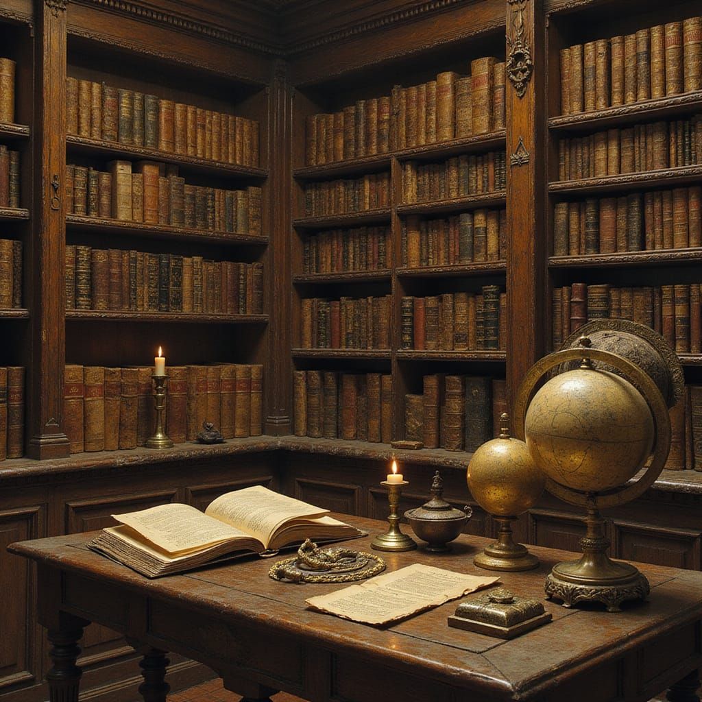 Mystical Library Sanctuary in Soft Candlelight