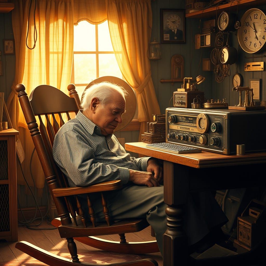 Warm Americana Scene with Elderly Grandfather and Antique Ra...