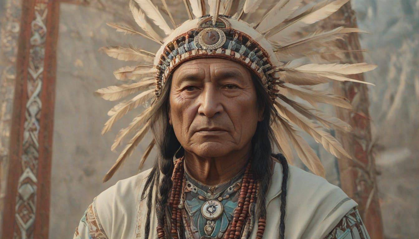 Lakota Leader Sitting Bull in Traditional Regalia Gazing Int...