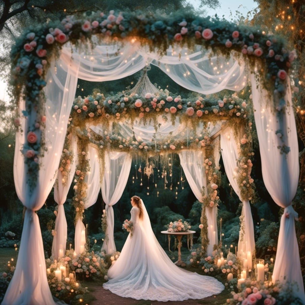Ethereal Bride Under Floral Chuppah, Pastel Drawing