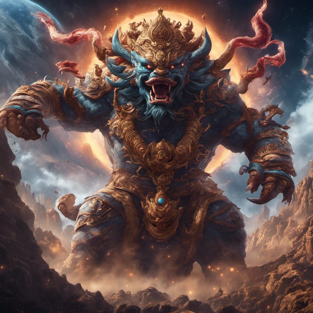 Giant Rakshasa monster attacking vimanas in space