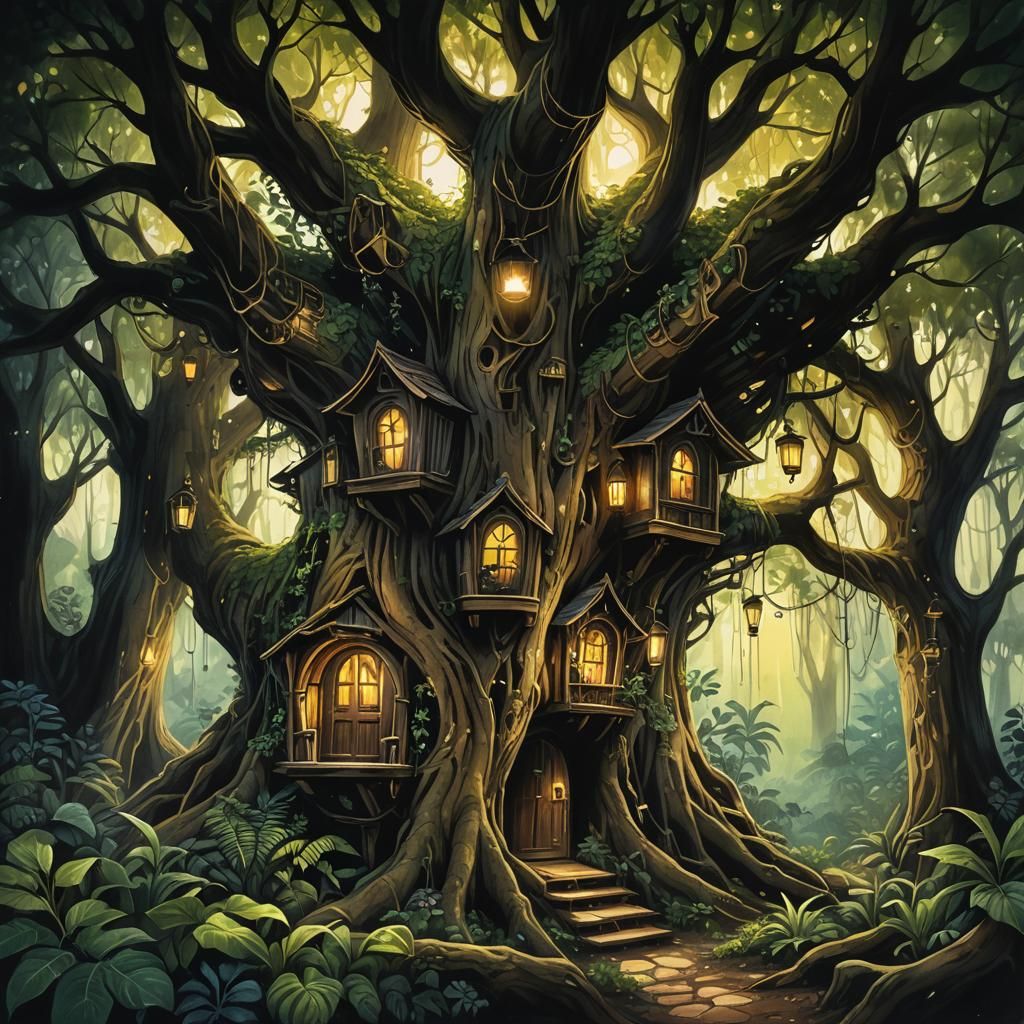 Whimsical Treehouse in Dark Jungle, Watercolor and Ink