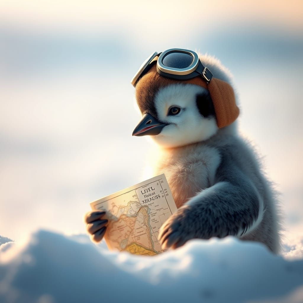 Penguin Chick Aviator Navigates Snowy Landscape