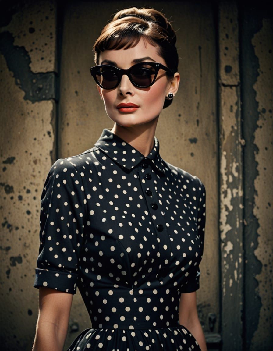 Audrey Hepburn Portrait in Polka Dots, Cinematic Style