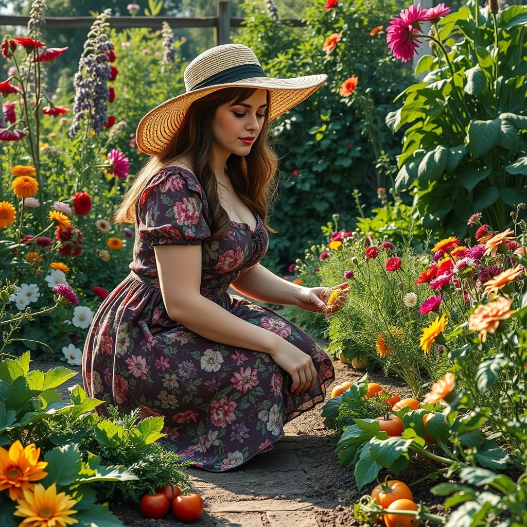 Voluptuous Gardener in Lush Cottage Garden, Hyperrealistic S...