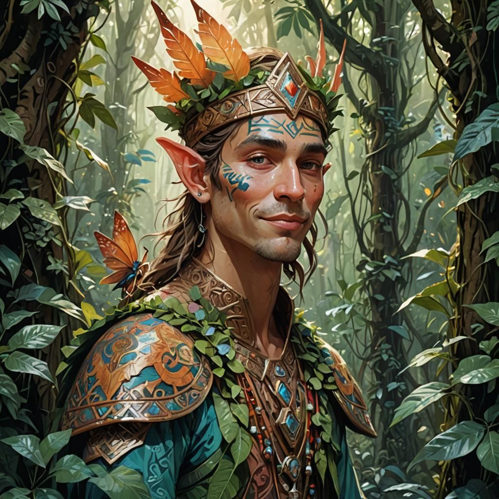Elegant Elf in Jungle Path, Digital Painting
