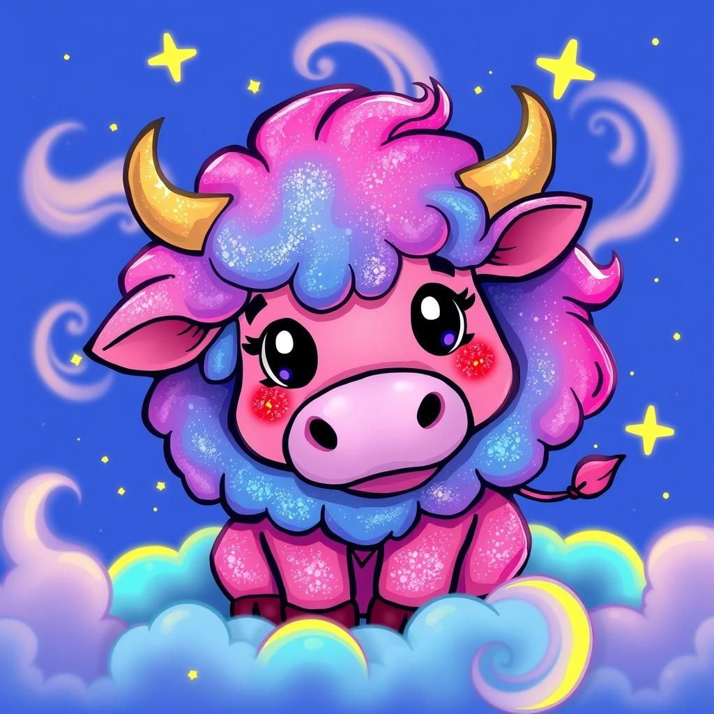 Fluffy Neon Cartoon Cow in a Whimsical Style