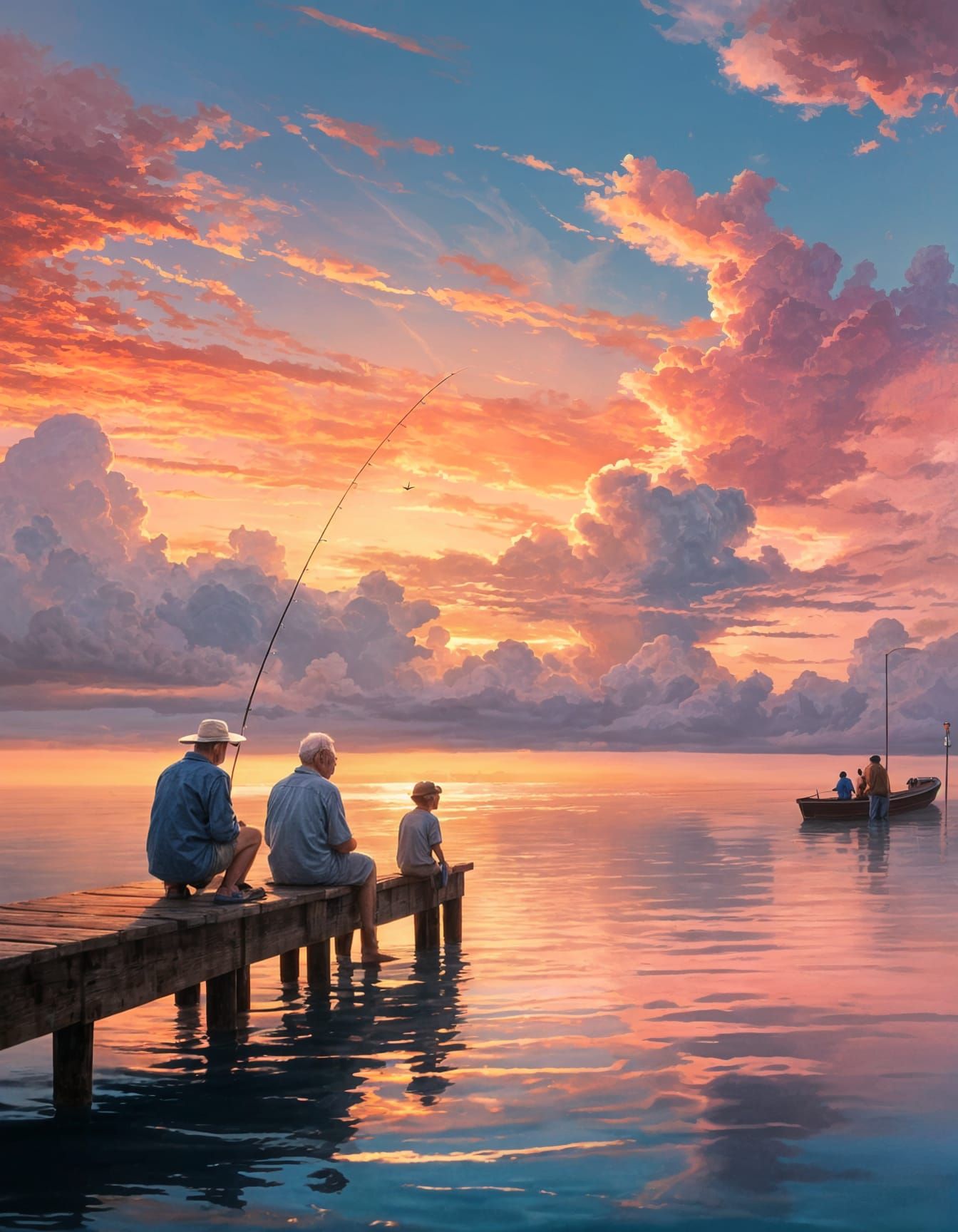 Generations Fishing at Sunset, Digital Art Style
