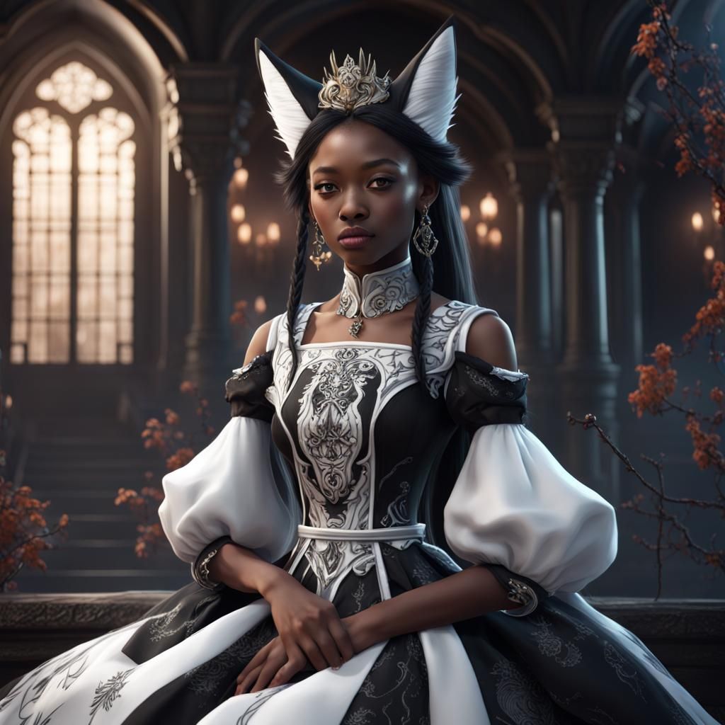 Kitsune Princess in Black and White Dress