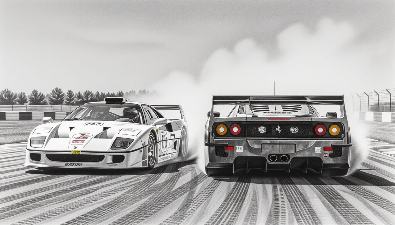 Ferrari F40 and F50 Racing in Charcoal Drawing