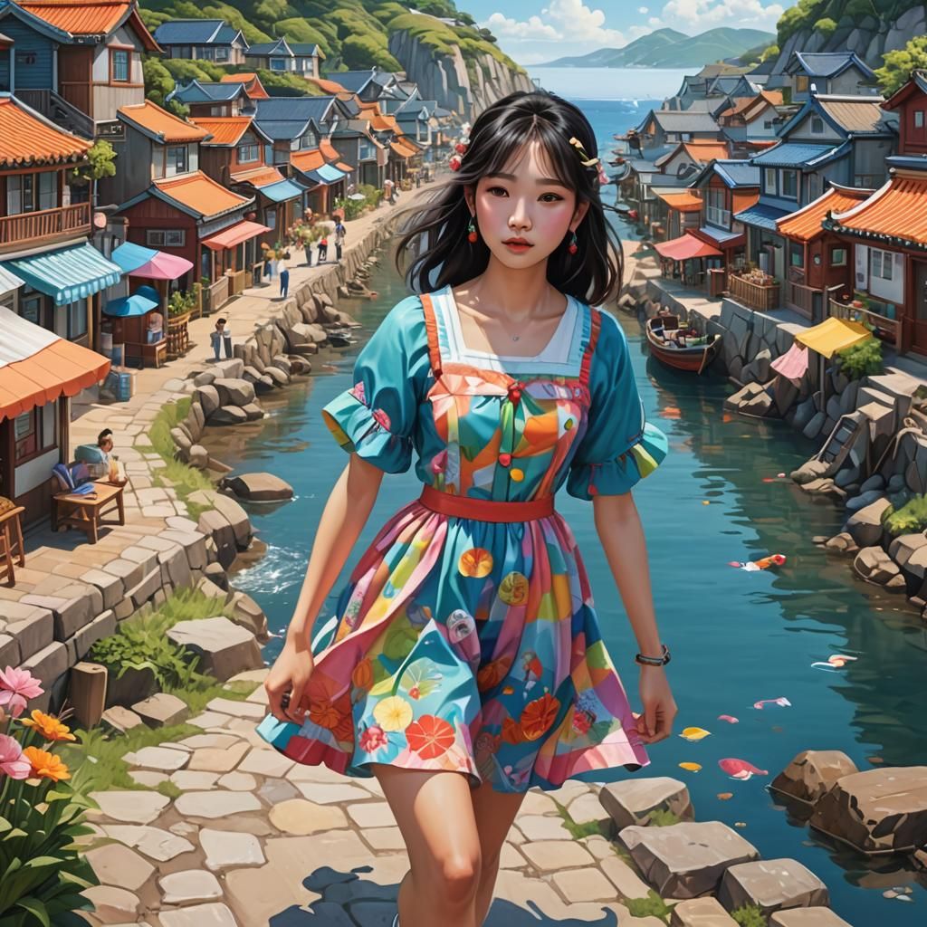 Korean Girl Exploring Coastal Village in Candy Art Style