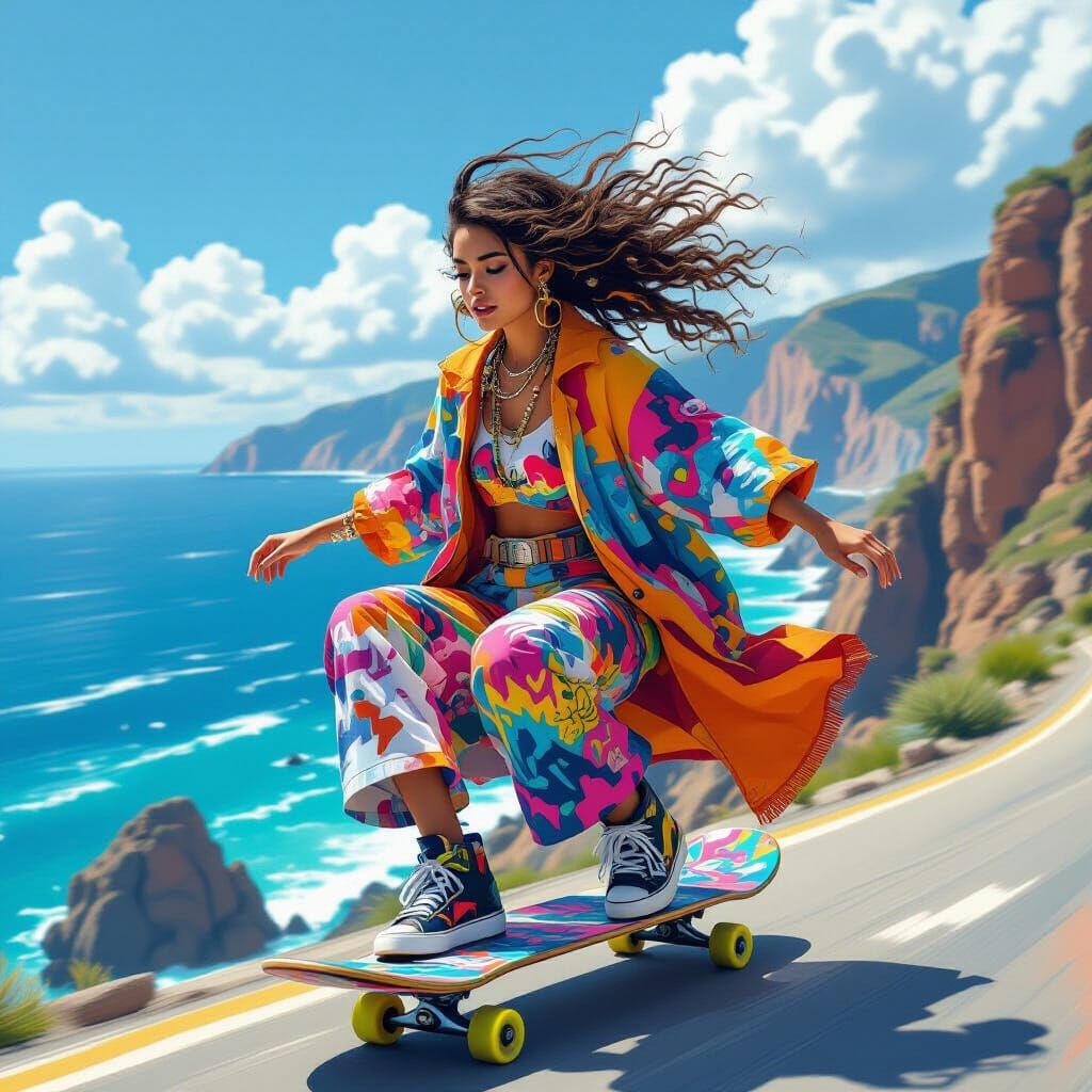 Dynamic Skateboarder Amidst Rugged Cliffs in Futuristic Styl...