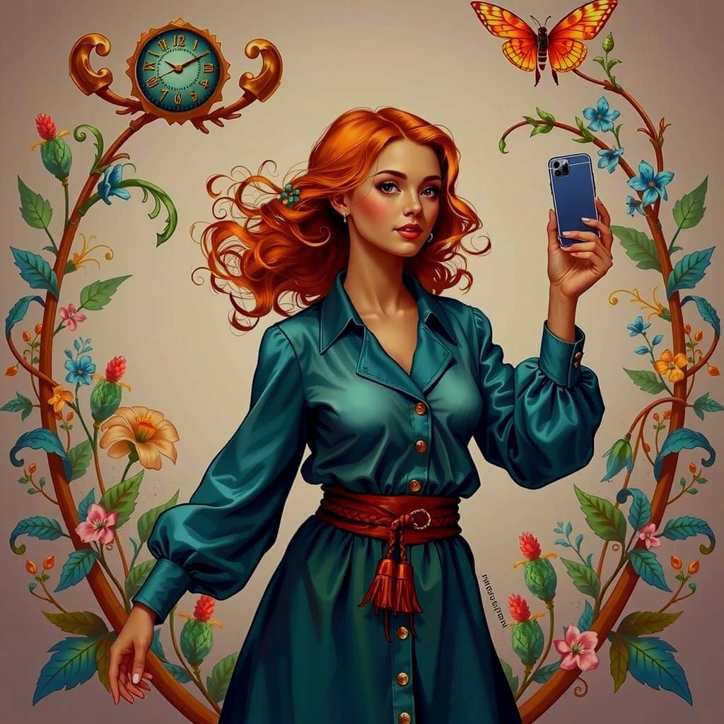 Detailed Botanic Art in Green, Teal, Yellow, and Azure