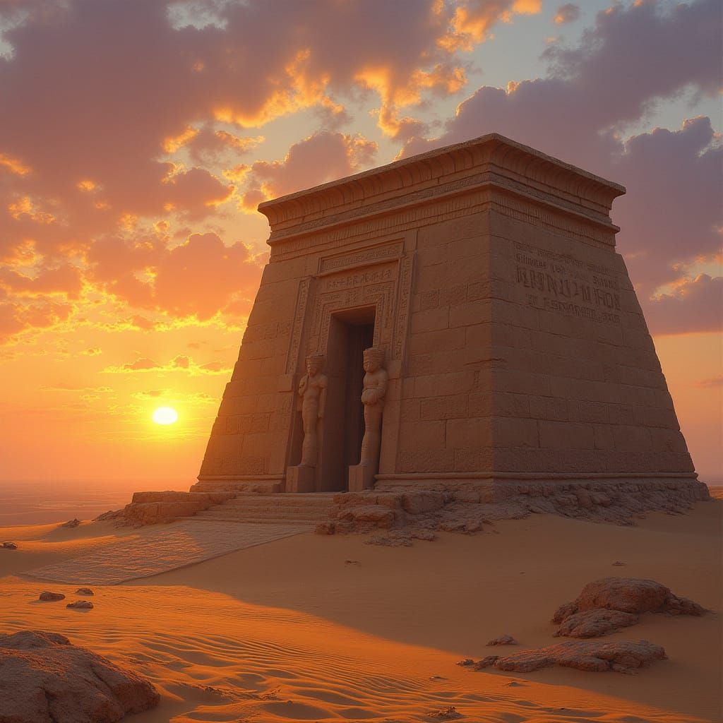 Egyptian Temple at Sunset in Nubian Landscape
