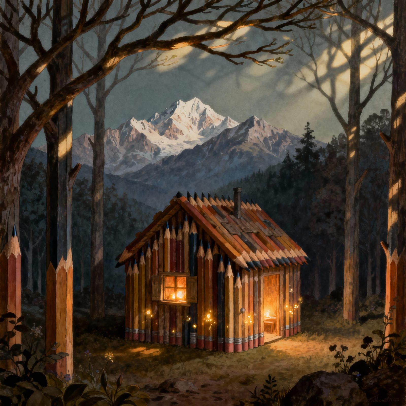 Dreamy Pencil Cabin in Alps, Magical Realism Style