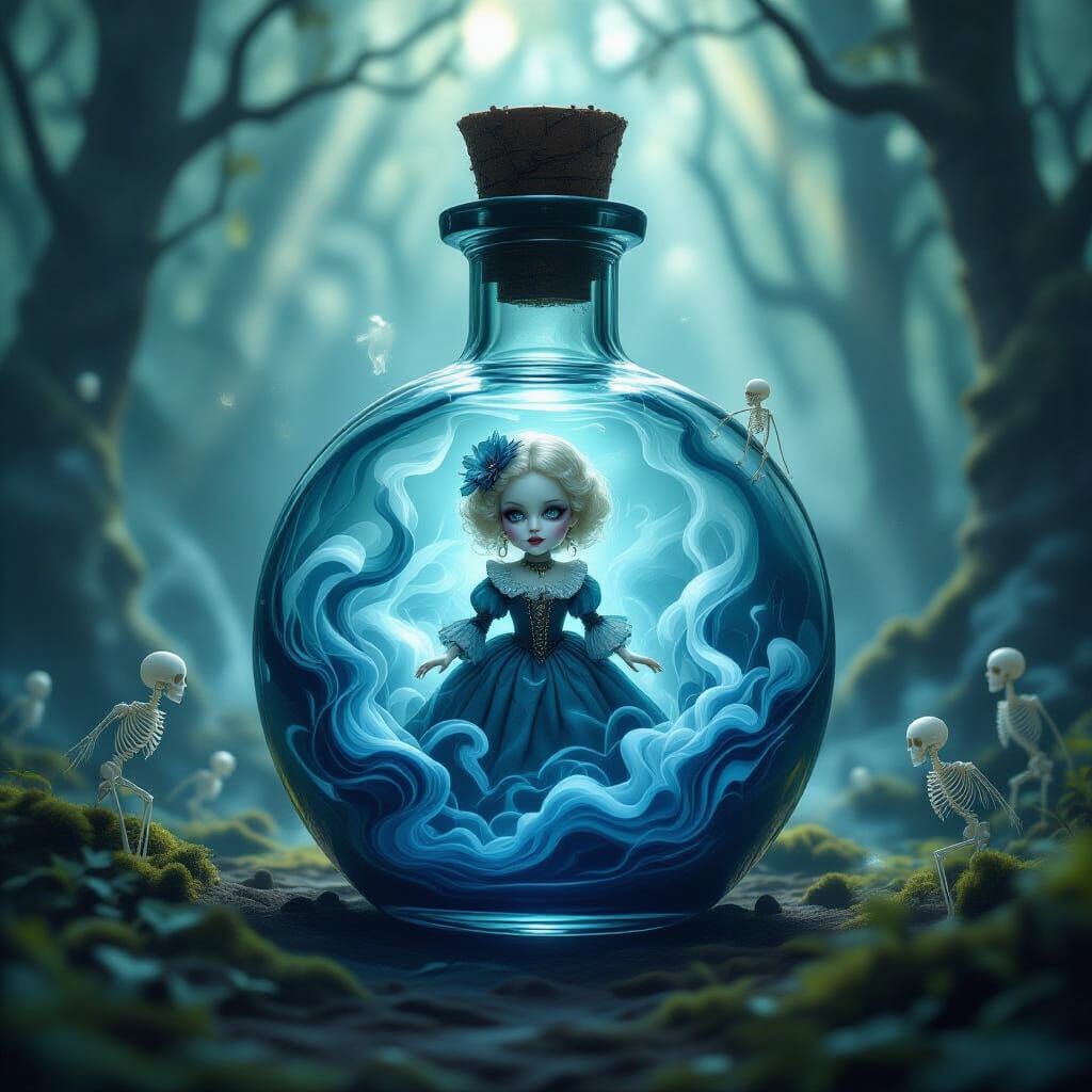 Ethereal Alien Brews Magical Potion in Nordic Forest