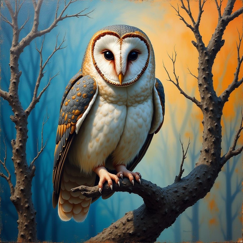 Muted Grey Owl Contemplates in Vibrant Abstract Landscape